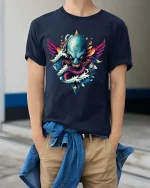 Kraken Skull T-Shirt Ocean Monster Dark Fantasy Art Tee - model wearing navy tee with hands in pockets