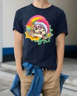 Funny Chill Skull T-Shirt Rainbow Drink Party Vibes Tee - model wearing navy tee with hands in pockets