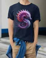 Glowing Seahorse T-Shirt Colorful Ocean Fantasy Art Tee - model wearing navy tee with hands in pockets