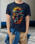 Steampunk Dragon T-Shirt Mechanical Fantasy Gear Art Tee - model wearing navy tee with hands in pockets