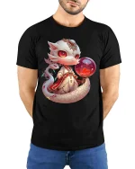 Mystic Baby Dragon T-Shirt Cute Fantasy Orb Magic Tee - model wearing black tee with hands behind back