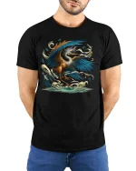 Majestic Heron Bird T-Shirt Ocean Wave Artistic Nature Tee - model wearing black tee with hands behind back