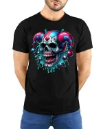 Evil Jester Skull T-Shirt Dark Clown Horror Graphic Tee - model wearing black tee with hands behind back