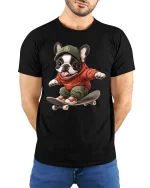 Skateboarding French Bulldog T-Shirt Cute Street Style Tee - model wearing black tee with hands behind back