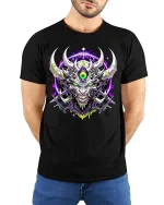 Cyber Demon Skull T-Shirt Neon Horror Sci Fi Graphic Tee - model wearing black tee with hands behind back
