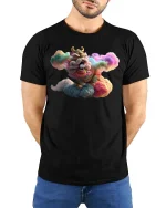 Colorful Chinese Lion T-Shirt Cloud Fantasy Art Graphic Tee - model wearing black tee with hands behind back