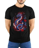 Oriental Dragon T-Shirt Red Blue Floral Fantasy Art Tee - model wearing black tee with hands behind back