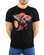 Colorful Tropical Fish T-Shirt Vibrant Ocean Art Graphic Tee - model wearing black tee with hands behind back