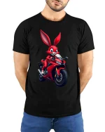 Funny Biker Bunny T-Shirt Cool Rabbit Motorcycle Rider Tee - model wearing black tee with hands behind back