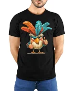 Funny Angry Bird T-Shirt Colorful Feather Attitude Tee - model wearing black tee with hands behind back