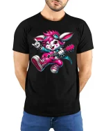 Rock Star Bunny T-Shirt Cute Guitar Rabbit Music Tee - model wearing black tee with hands behind back