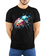 Colorful Beetle T-Shirt Vibrant Insect Art Graphic Tee - model wearing black tee with hands behind back