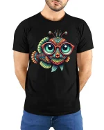 Funny Big Eyed Fish T-Shirt Colorful Nerdy Ocean Tee - model wearing black tee with hands behind back