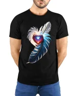 Feather Heart Love T-Shirt Elegant Romantic Glow Art Tee - model wearing black tee with hands behind back