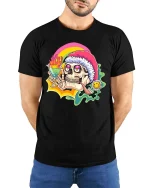 Funny Chill Skull T-Shirt Rainbow Drink Party Vibes Tee - model wearing black tee with hands behind back