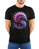 Glowing Seahorse T-Shirt Colorful Ocean Fantasy Art Tee - model wearing black tee with hands behind back