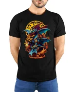 Steampunk Dragon T-Shirt Mechanical Fantasy Gear Art Tee - model wearing black tee with hands behind back
