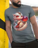 Mystic Baby Dragon T-Shirt Cute Fantasy Orb Magic Tee - model wearing grey tee, leaning on column