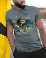 Majestic Heron Bird T-Shirt Ocean Wave Artistic Nature Tee - model wearing grey tee, leaning on column