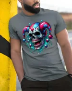 Evil Jester Skull T-Shirt Dark Clown Horror Graphic Tee - model wearing grey tee, leaning on column