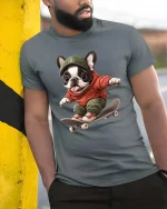 Skateboarding French Bulldog T-Shirt Cute Street Style Tee - model wearing grey tee, leaning on column