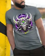 Cyber Demon Skull T-Shirt Neon Horror Sci Fi Graphic Tee - model wearing grey tee, leaning on column