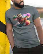 Colorful Chinese Lion T-Shirt Cloud Fantasy Art Graphic Tee - model wearing grey tee, leaning on column