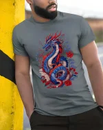 Oriental Dragon T-Shirt Red Blue Floral Fantasy Art Tee - model wearing grey tee, leaning on column