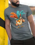 Funny Angry Bird T-Shirt Colorful Feather Attitude Tee - model wearing grey tee, leaning on column