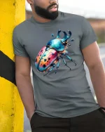 Colorful Beetle T-Shirt Vibrant Insect Art Graphic Tee - model wearing grey tee, leaning on column