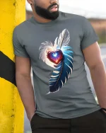Feather Heart Love T-Shirt Elegant Romantic Glow Art Tee - model wearing grey tee, leaning on column