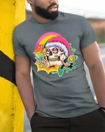 Funny Chill Skull T-Shirt Rainbow Drink Party Vibes Tee - model wearing grey tee, leaning on column