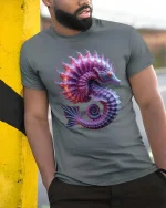 Glowing Seahorse T-Shirt Colorful Ocean Fantasy Art Tee - model wearing grey tee, leaning on column