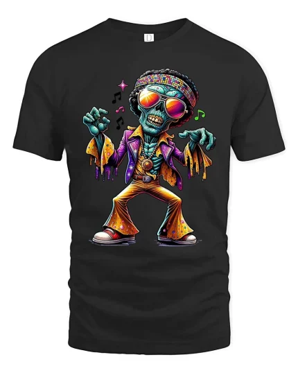 Funky Dancing Skeleton T Shirt Retro Disco Zombie Graphic Tee - black t-shirt on white background