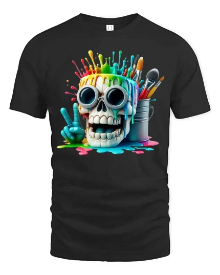 Paint Splash Skull T Shirt Funny Artist Graphic Colorful Tee - black t-shirt on white background