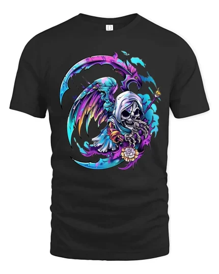 Colorful Grim Reaper T Shirt Neon Death Art Graphic Tee - black t-shirt on white background