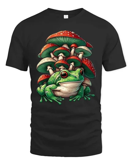 Cute Frog Mushroom T Shirt Fantasy Nature Cartoon Graphic Tee - black t-shirt on white background