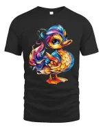 Colorful Cute Duck T Shirt Rainbow Cartoon Animal Graphic Tee - black t-shirt on white background
