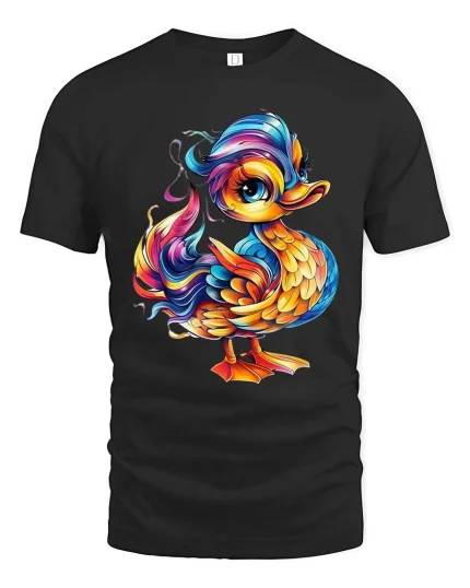 Colorful Cute Duck T Shirt Rainbow Cartoon Animal Graphic Tee - black t-shirt on white background