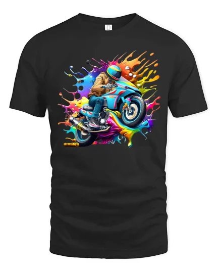 Color Splash Motorcycle T Shirt Rider Racing Graphic Art Tee - black t-shirt on white background