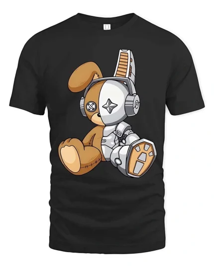Cute Robot Teddy Bear T Shirt Kawaii Cyber Plush Graphic Tee - black t-shirt on white background