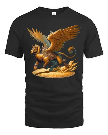 Mythical Griffin T Shirt Golden Winged Beast Fantasy Graphic Tee - black t-shirt on white background