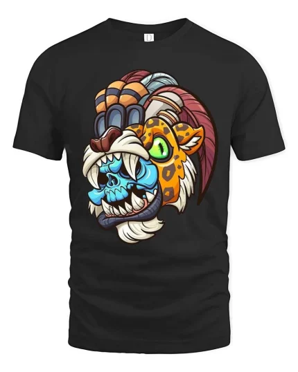 Tribal Beast Mask T Shirt Colorful Savage Cartoon Graphic Tee - black t-shirt on white background