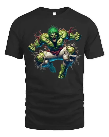 Angry Green Monster T Shirt Powerful Rage Smash Graphic Tee - black t-shirt on white background