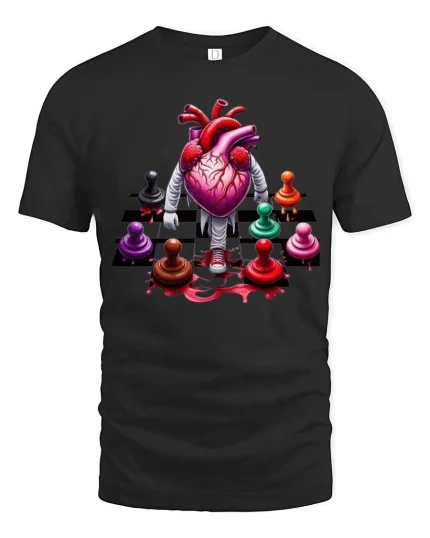 Walking Heart Chess T Shirt Funny Strategy Life Graphic Tee - black t-shirt on white background