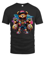 Gangster Teddy Bear T Shirt Funny Money Streetwear Graphic Tee - black t-shirt on white background
