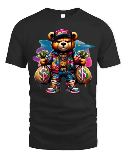 Gangster Teddy Bear T Shirt Funny Money Streetwear Graphic Tee - black t-shirt on white background