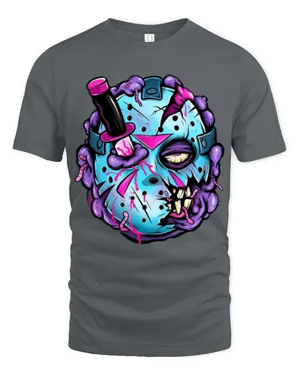 Zombie Hockey Mask Graphic T Shirt Creepy Funny Streetwear - gray t-shirt on white background