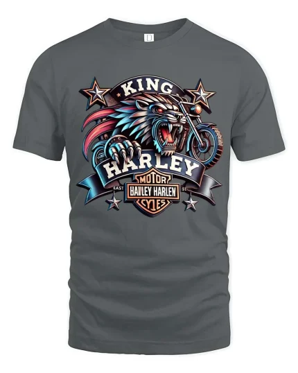 King Biker Wolf T Shirt Fierce Motorcycle Rider Graphic Tee - gray t-shirt on white background