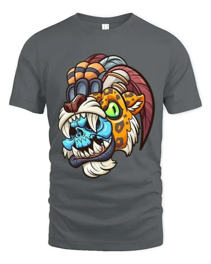 Tribal Beast Mask T Shirt Colorful Savage Cartoon Graphic Tee - gray t-shirt on white background